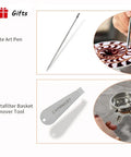 Latte art pen and portafilter tool set shown with intricate latte design for Barista Grade Pro Style Stainless Steel Milk Frothing Pitcher 600ml 20oz Double Wall Milk Jug For Espresso Cappuccino Latte Art Foam Set Durable Kitchen Coffee Accessory Must Have Gear