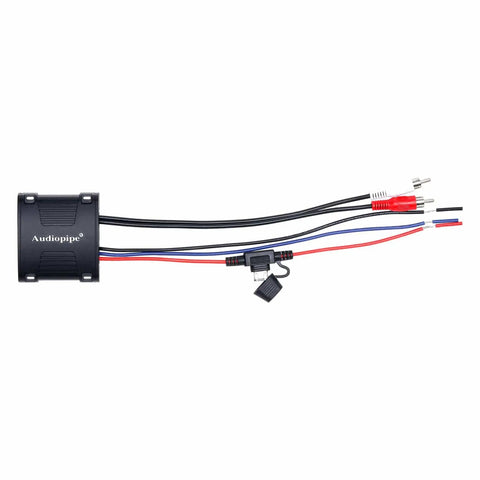 Marine Bluetooth Audio Receiver For Any Amp With RCA Outputs And 5.0 Tech Durable Water Resistant Build This Wireless Music Streamer Is Ready For Boat Life ATV UTV Golf Cart And Home Stereo AP BTM 1200, showing unit with RCA cables.
