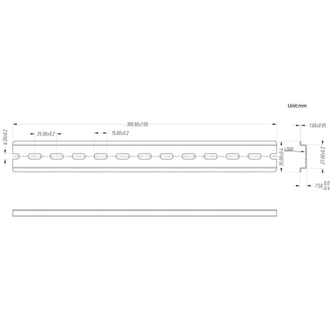 Technical drawing of Ten Pieces TS35 7.5 Slotted DIN Rail Zinc Plated SPCC Steel With RoHS CE 12 Inch Long 35mm Wide 7.5mm High Built Tough Durable
