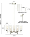 5-Light Modern Chandelier With Clear Glass Shades And Brushed Nickel Finish dimensions and adjustable rods