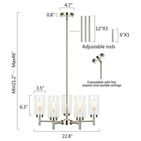 5-Light Modern Chandelier With Clear Glass Shades And Brushed Nickel Finish dimensions and adjustable rods
