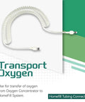Coiled Homefill tubing connector assembly for oxygen systems; clear plastic tubing with white ends, 12 ft