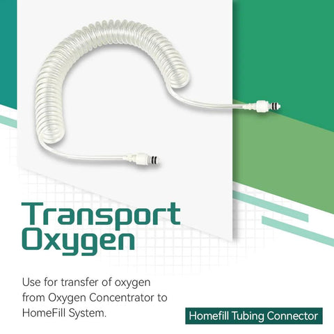Coiled Homefill tubing connector assembly for oxygen systems; clear plastic tubing with white ends, 12 ft
