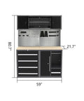 Killer Garage Cabinet Set With Workbench And Overhead Racks measuring 59x21.7x80 inches, heavy duty steel with dual pegboards.
