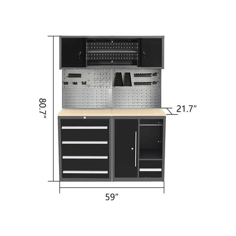 Killer Garage Cabinet Set With Workbench And Overhead Racks measuring 59x21.7x80 inches, heavy duty steel with dual pegboards.