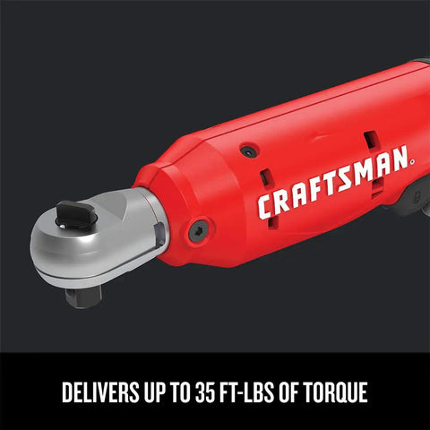 V20 Cordless 3/8 Inch Ratchet Wrench Bare Tool Only, 300 RPM, Up To 35 Ft-Lbs Torque shown in close-up with red ergonomic design.