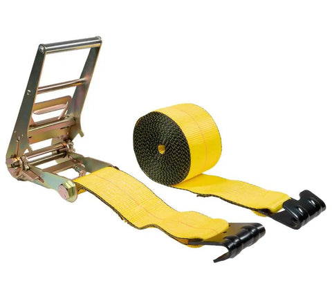 Hella Tough Ratchet Tie Down Straps With Flat Hooks Four Inch Wide Thirty Foot Long Yellow Polyester Webbing 16200 Lbs Breaking Strength To Cruise With Confidence Hauling Heavy Loads Across States Four Pack - strap and ratchet