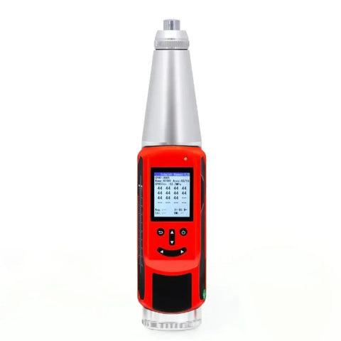 Real Deal Digital Concrete Rebound Hammer Schmidt Hardness Tester With Calibration Anvil For Tight On Site Strength Checks Astm En Approved High Accuracy Plus Minus One Percent Heavy Duty Two Joule Impact, front view with display.