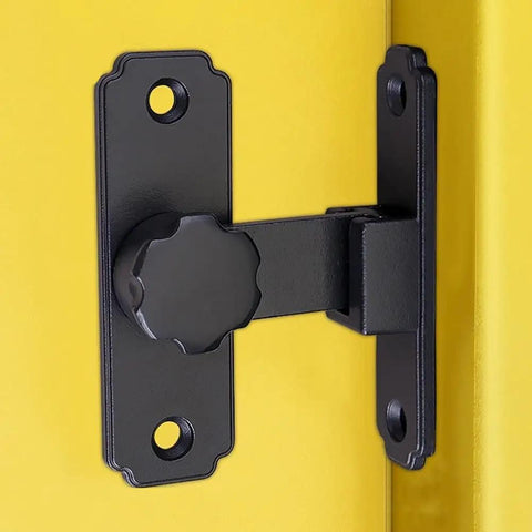 Stainless Steel 90 Degree Portable Door Latch Heavy Duty Barn Gate Lock installed on a yellow door.