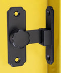 Tough As Nails Stainless Steel 90 Degree Portable Door Latch With Heavy Duty Barn Gate Lock in black, mounted on a yellow door.