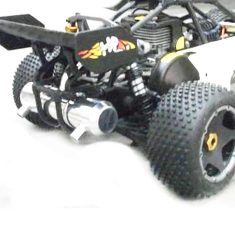 Beefed Up Aluminum Twin Tuning Exhaust Pipe Kit For 1/5 Scale RC Cars installed on HPI Baja buggy with visible twin pipes