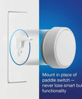 Smart Dimmer Switch For Paddle Decorator Switches Keeps Philips Hue Bulbs In Ready Mode So You Always Have Hue Control And Converts Your Existing Switch Into A Hue Friendly Dimmer White, shown mounted on wall replacing paddle switch.