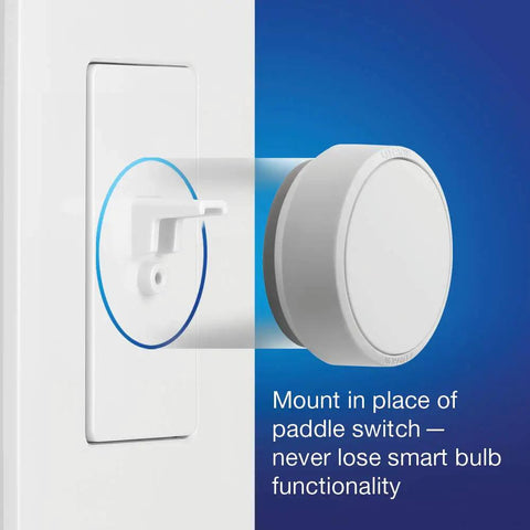 Smart Dimmer Switch For Paddle Decorator Switches Keeps Philips Hue Bulbs In Ready Mode So You Always Have Hue Control And Converts Your Existing Switch Into A Hue Friendly Dimmer White, shown mounted on wall replacing paddle switch.