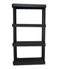 Heavy Duty Four Tier Plastic Storage Shelving Unit In Black, 13.9 Deep By 30 Wide By 56.2 High, angle view with four empty shelves