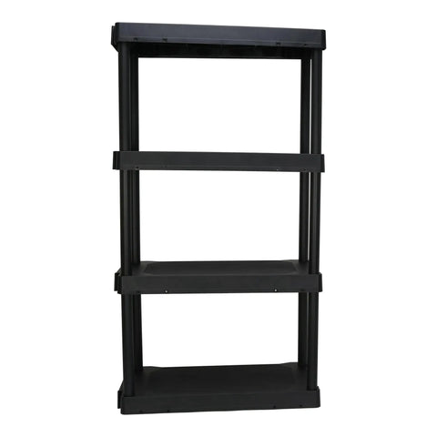 Heavy Duty Four Tier Plastic Storage Shelving Unit In Black, 13.9 Deep By 30 Wide By 56.2 High, angle view with four empty shelves