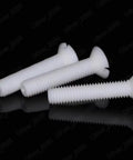 Pro Grade PTFE Plastic Countersunk Flat Head Slotted Screws M3 M4 M5 M6 M8 M10, white screws on black background.