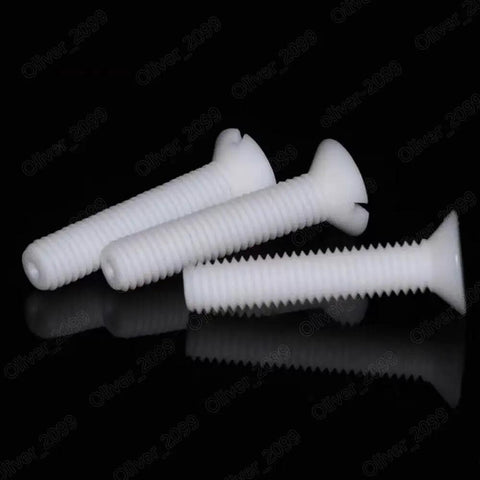 Pro Grade PTFE Plastic Countersunk Flat Head Slotted Screws M3 M4 M5 M6 M8 M10, white screws on black background.