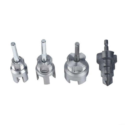 Fabulettas Step Drill Bit And Pipe Threader Kit Makes Plugging 1/2 And 3/4 Inch Pipes A Total Breeze With Built-In Deburring Tool And Electric Drill Adapter, four metal bits