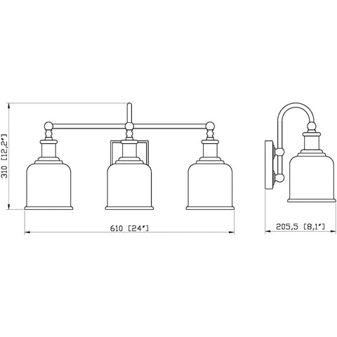 Technical drawing of Three Light Vanity Light Fixture In Matte Black Steel, Dope Industrial Nautical Style Wall Mount dimensions