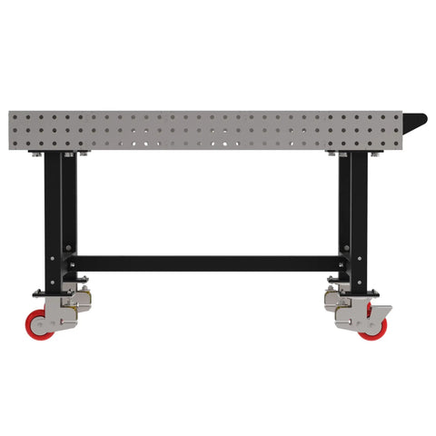 Heavy Duty Mobile Welding Fixture Table 60x36x36 silver workbench with laser cut holes and locking casters, side view.