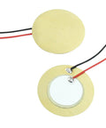 Twenty Piezo Discs Transducers 27mm With 3.94 Inch Leads And 100mm Cables showing front and back brass-ceramic elements