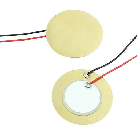 Twenty Piezo Discs Transducers 27mm With 3.94 Inch Leads And 100mm Cables showing front and back brass-ceramic elements
