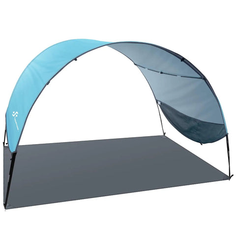 Light blue Beach Tent Sun Shelter Canopy with UPF 50 Protection, showing 8 wind ropes and 12 ground stakes for stability.