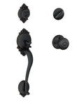 Front view of Brookshire Single Cylinder Handleset And Georgian Knob In Aged Bronze With Adjustable Throughbolt And Self Aligning Screw Holes.
