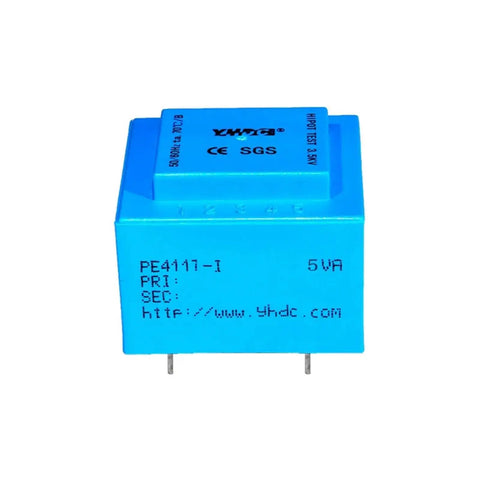Epoxy Encapsulated Vacuum Transformer For PCB Mounting With Safety Isolation, 5VA, blue rectangular body with two pins