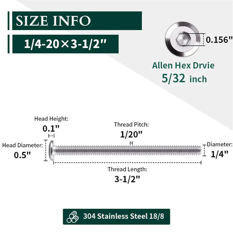 Twelve Pack Heavy Duty 1/4-20 By 3-1/2 Inch Flat Head Hex Socket Cap Screws Paired With Barrel Nuts And Hex Spanner Built Tough From 304 Stainless Steel For Smooth Corrosion Resistant Fastening size info and specifications.