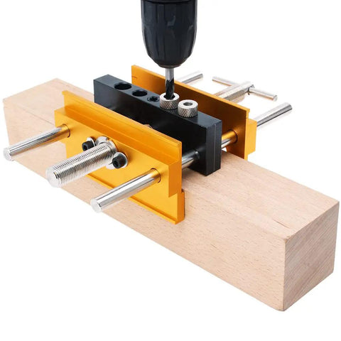 Self Centering Doweling Jig Kit For 6 Inch Dowel Jig With 6 Drill Guide Bushings in use on wood block