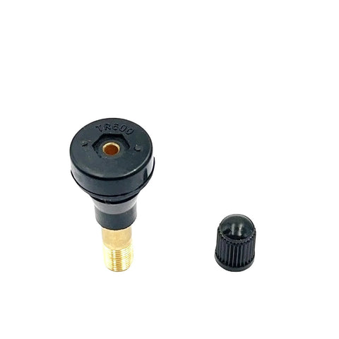 TR600HP high-pressure tubeless tire valve stem with brass threaded neck and black plastic cap