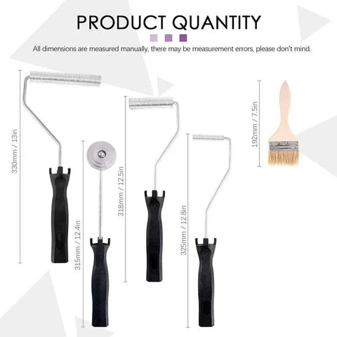 Image of Pro Fiberglass Roller Set With Detail Brushes To Crush Air Bubbles Fast And Top Shelf Resin Laminating Kit for Boat Fixing, showing four rollers and one brush.