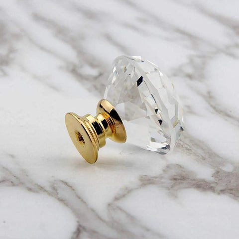 Side view of 8 Pack Crystal Glass Cabinet Knobs With Gold Base Diamond Style Drawer Pulls, showing crystal knob and gold base