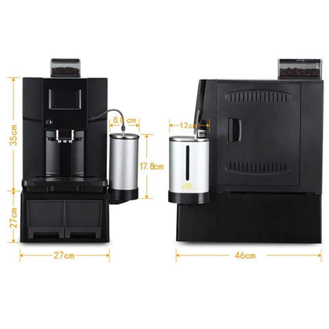 Smooth Operator Automatic Bean To Cup Coffee Maker Featuring A Slick Color Touch Display and hassle free self cleaning cycle, black with measurements.