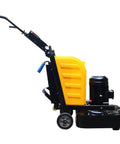 Side view of Walk Behind Concrete Floor Grinder With 12 Grinding Heads, 220V Epoxy Floor Grinding Machine with yellow 40L tank and armrest.