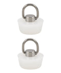White Drain Stopper with Stainless Steel Ring for Bathtubs, two silicone stoppers, minimalist design, top view.