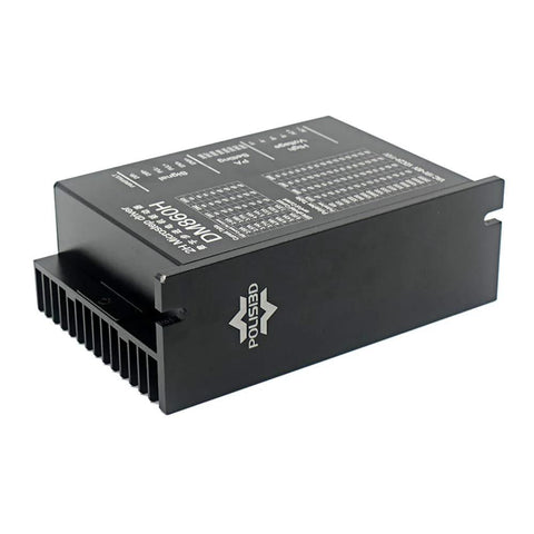 DM860H CNC DSP digital microstep driver for two-phase stepper motors in black metal housing with cooling fins.