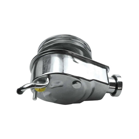 Power Steering Pump Seal Kit With Pulley And Double Groove, Chrome Finish, side view of shiny chrome component for SBC GM engines