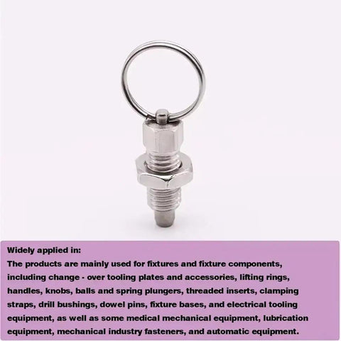 Rugged Stainless Steel Indexing Plunger With Smooth Grip Ring Handle And Retractable Pin for machine alignment.