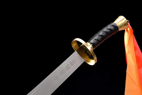 Close-up of a Handmade Wushu Dao Sword With Flexible Stainless Steel Blade And Black Scabbard For Kung Fu Training And Display