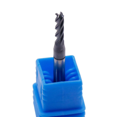 Beefed-Up 5-Piece Solid Carbide End Mills Set, 3/32 Inch Cutting Diameter, 1/8 Inch Shank in blue holder