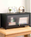 Sturdy Bamboo Desk Shelf Organizer with Hovering Plastic Door Display for Home Office and Kitchen Use on wooden desk