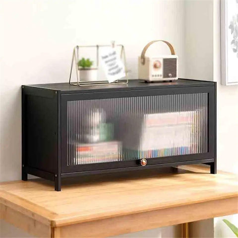Sturdy Bamboo Desk Shelf Organizer with Hovering Plastic Door Display for Home Office and Kitchen Use on wooden desk