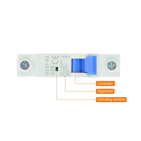 Close-up of Four Pack 1P 20A 110V Miniature Circuit Breaker DZ47-63 DIN Rail Mount Disconnect Switch with blue toggle switch.