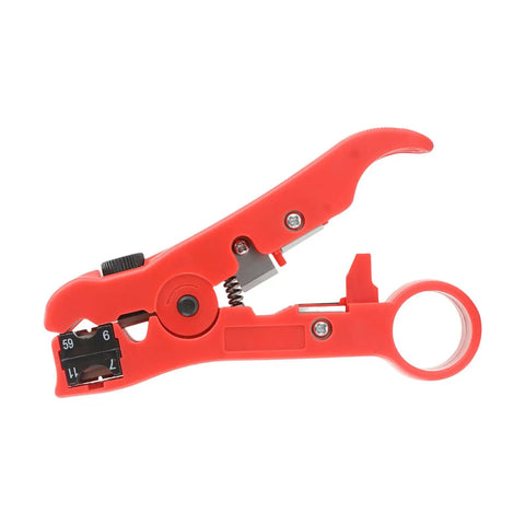 Pro Electric Stripping Pliers For RG6 And RG7 Ethernet Cables, red alloy steel tool for precise wire stripping and crimping.