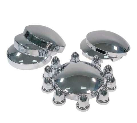 Steel Chrome Axle Wheel Cover Set For Semi Trucks With Front And Rear Hub Caps And Lug Nut Covers Kit Includes 2 Front Hub Caps