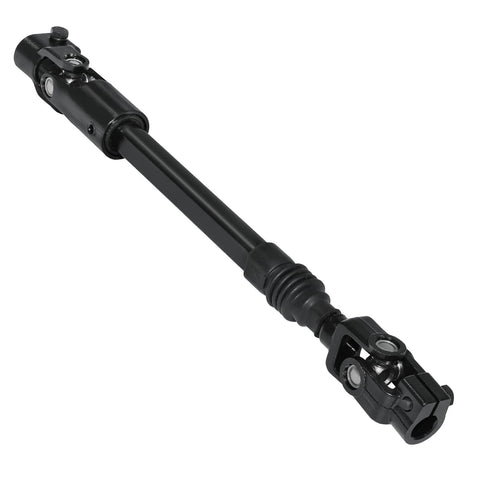 Side view of black adjustable steering column intermediate shaft with U-joint ends (18.5–20.7 in)