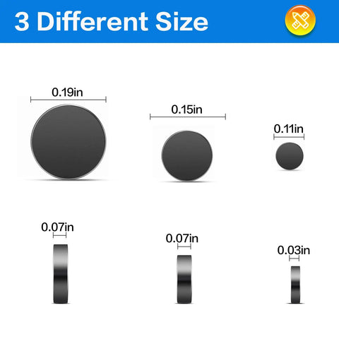 Tiny But Mighty Black Rare Earth Magnets Set With 400 Pieces In 3 Sizes, displaying 0.19in, 0.15in, 0.11in diameters