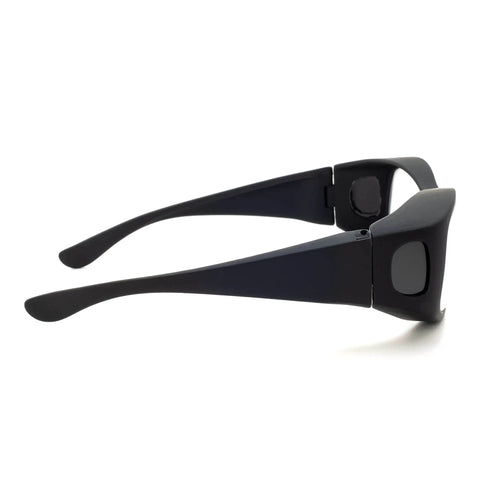 Side view of Fitover Radiation Safety Glasses Large Black Plastic Frame With Permanent Side Shields Designed To Fit Over Prescription Glasses